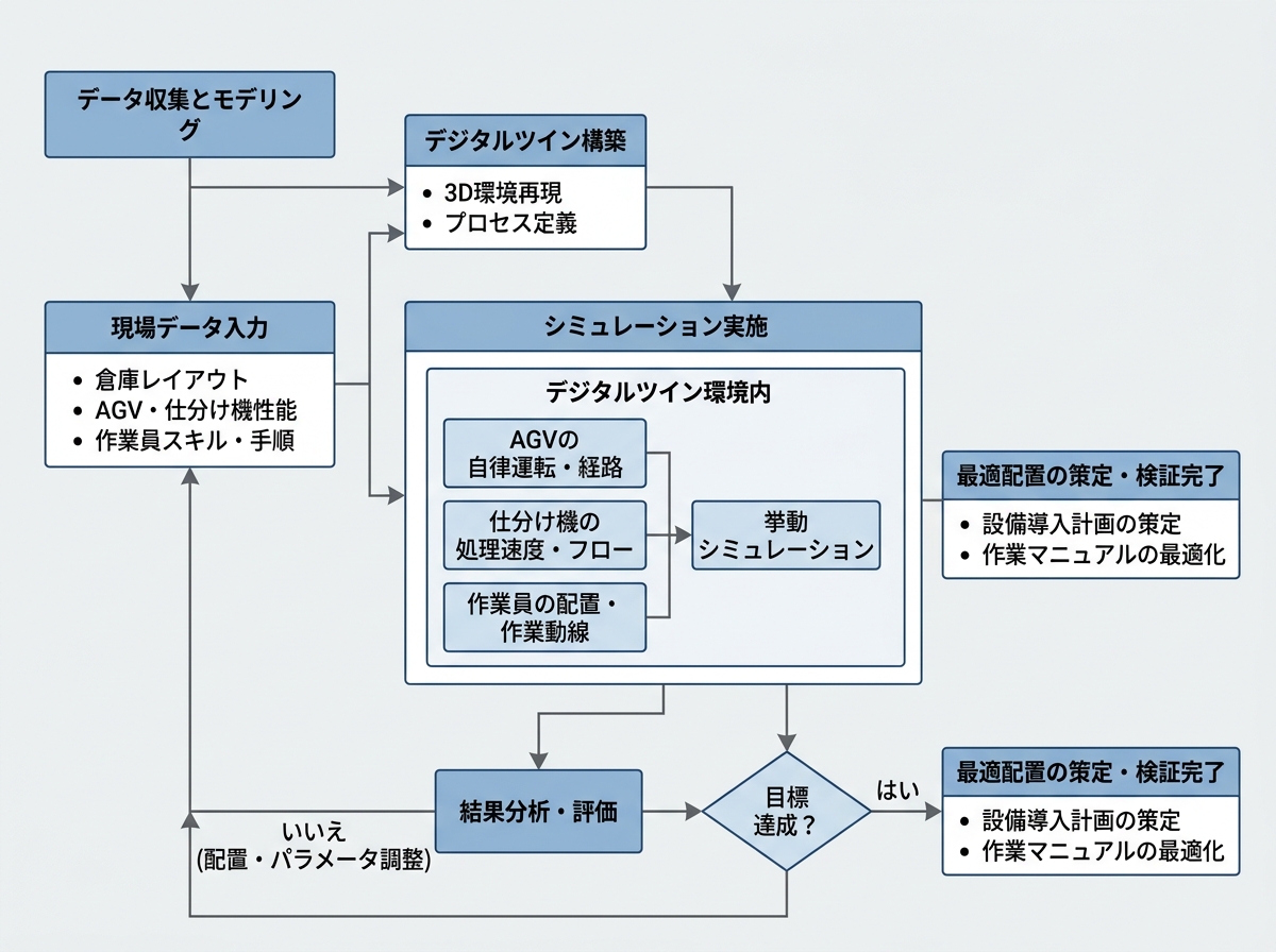 [図解] デジタルツイン上でAGV・仕分け機・作業員の動きをシミュレーションし、最適配置を検証するフロー図