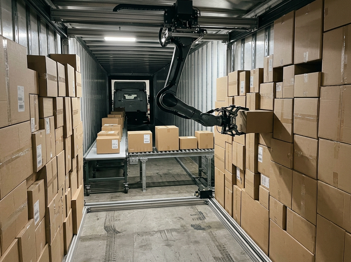 [シーン] トラック庫内でロボットアームが複数の荷物を整然と積み上げている様子