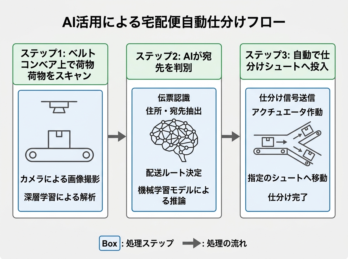 [図解] ベルトコンベア上で荷物をスキャン→AIが宛先を判別→自動で仕分けシュートへ投入する3ステップのフロー図
