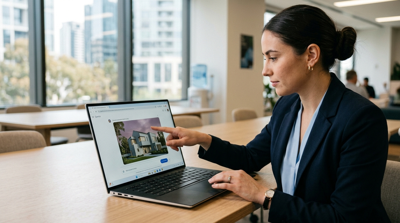 [シーン] 営業担当者がノートPCでGeminiを開き、外観パース画像をアップロードして空の色を変更している場面