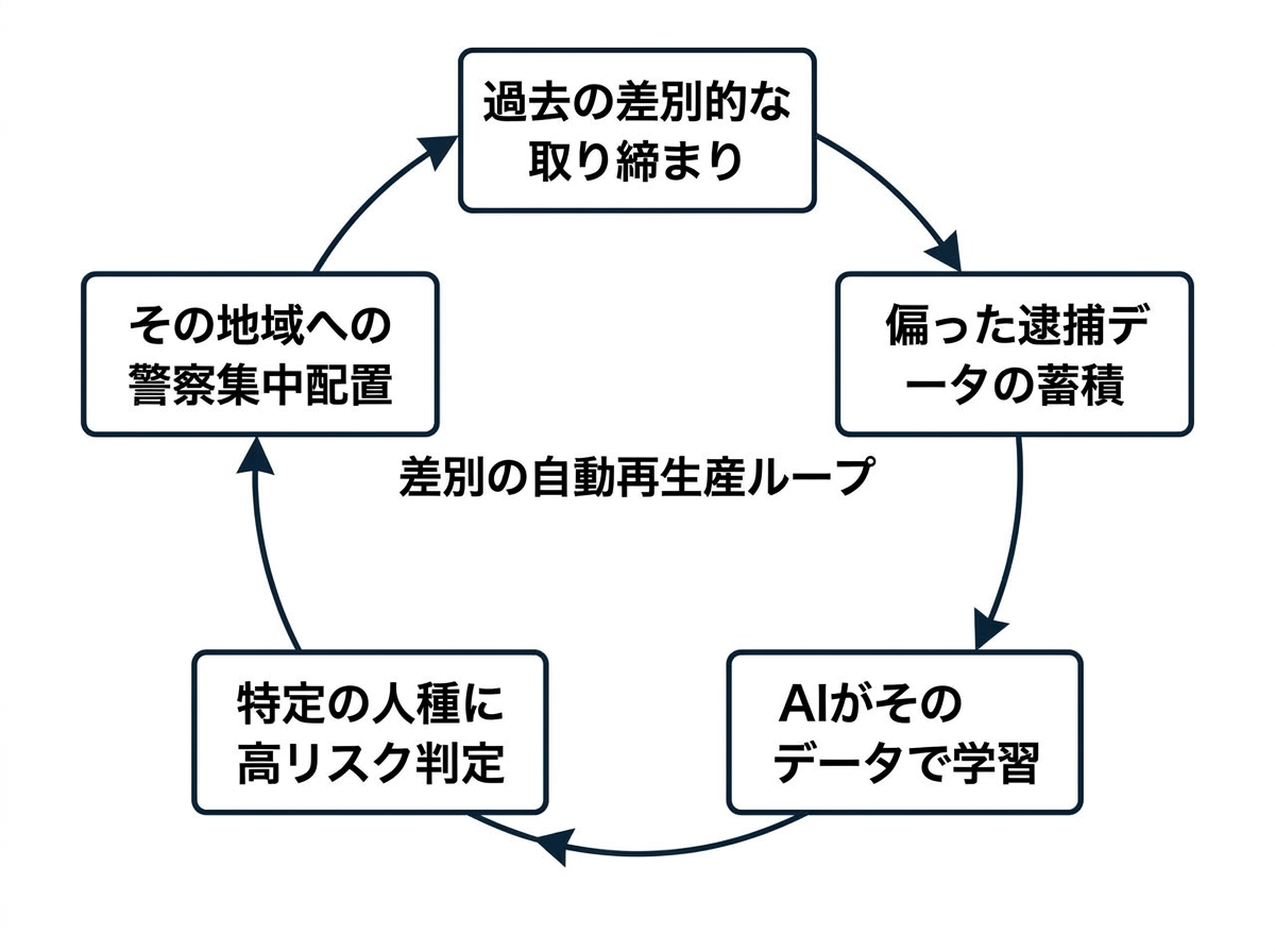 [図解] 循環構造を示すフロー図。「過去の差別的な取り締まり」→「偏った逮捕データの蓄積」→「AIがそのデータで学習」→「特定の人種に高リスク判定」→「その地域への警察集中配置」→最初に戻る矢印。中央に「差別の自動再生産ループ」というラベル