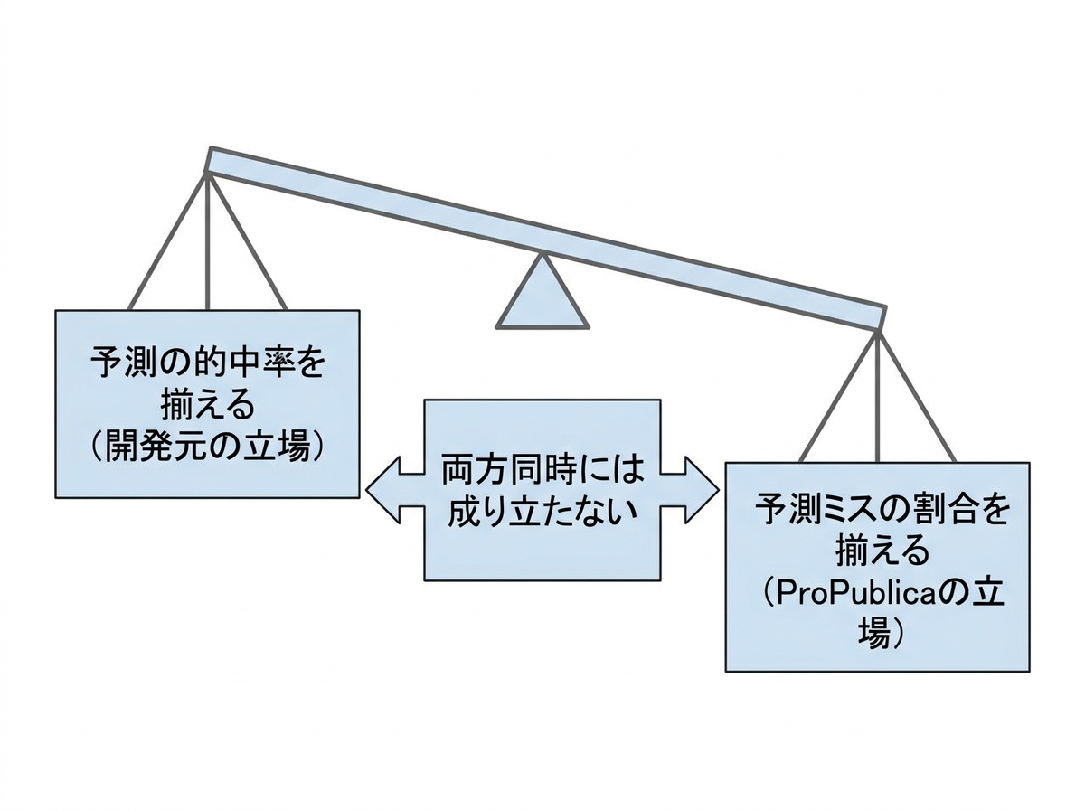 [図解] 2つの公平性の定義が天秤にかけられている図。左の皿に「予測の的中率を揃える（開発元の立場）」、右の皿に「予測ミスの割合を揃える（ProPublicaの立場）」。天秤は傾いており、「両方同時には成り立たない」というラベルが中央に配置されている