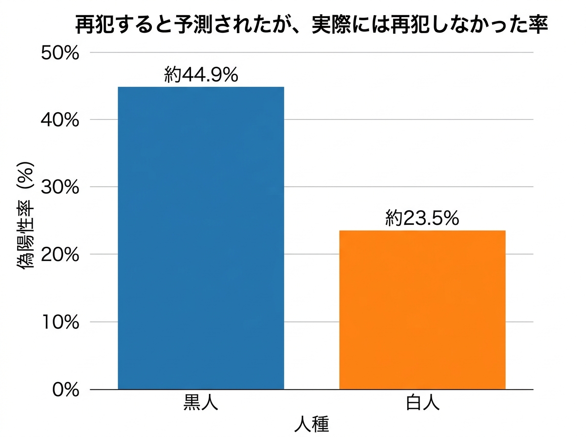 [グラフ] COMPASの偽陽性率の人種間比較。左が黒人（約44.9%）、右が白人（約23.5%）の棒グラフ。グラフタイトル「再犯すると予測されたが、実際には再犯しなかった率」