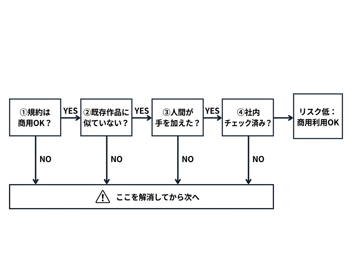 [図解] 4ステップのフローチャート。左から右へ：「①規約は商用OK？」→YES→「②既存作品に似ていない？」→YES→「③人間が手を加えた？」→YES→「④社内チェック済み？」→YES→「リスク低：商用利用OK」。各ステップでNOの場合は下に分岐し「⚠️ ここを解消してから次へ」と表示