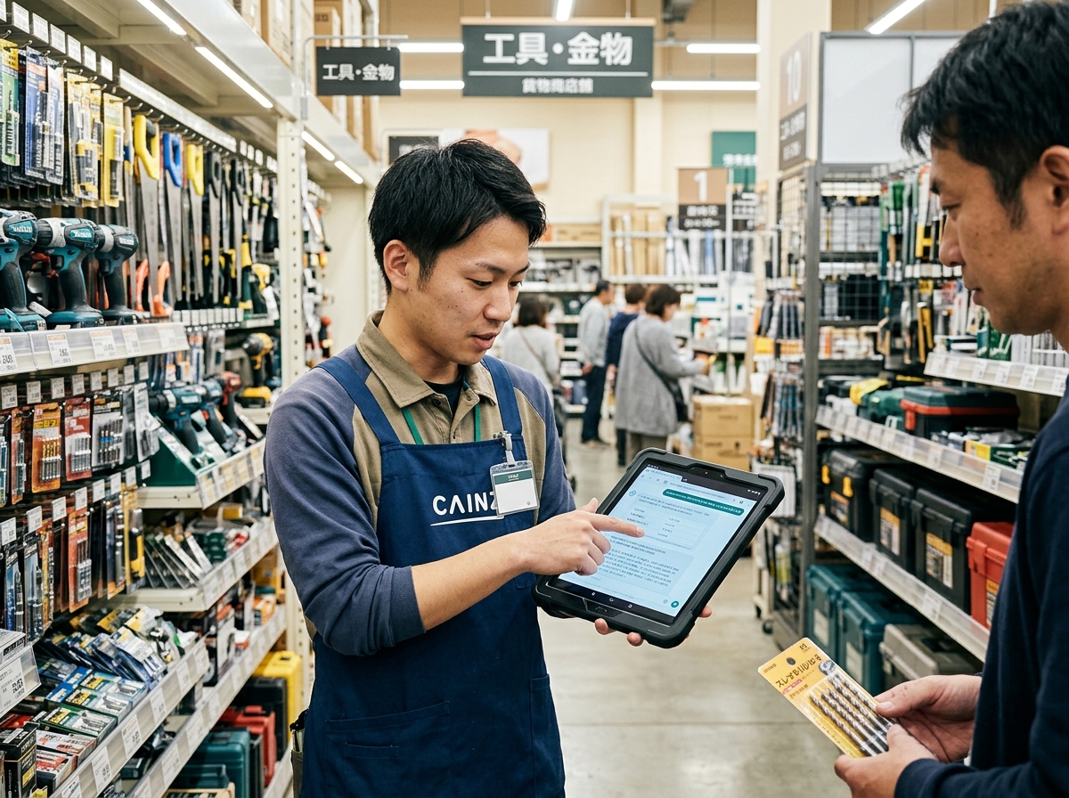 [シーン] ホームセンターの売場で、店舗スタッフがタブレットを使ってAIに商品の技術的な質問をしている場面