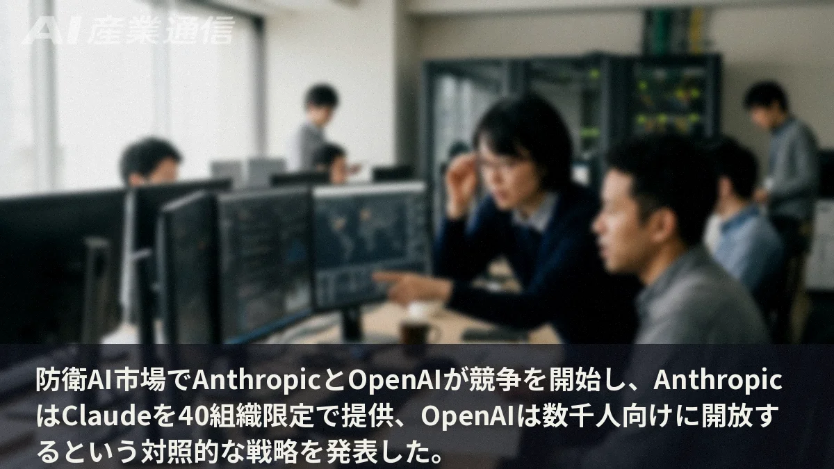 防衛AI市場でAnthropicとOpenAIが競争を開始し、AnthropicはClaudeを40組織限定で提供、OpenAIは数千人向けに開放するという対照的な戦略を発表した。